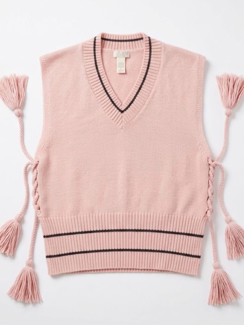 Anthropology Grey V-Neck Knit Sweater Vest with Tassels & Contrast Trim - O
